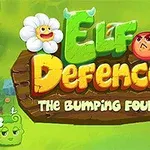 Hình ảnh có một tấm biển gỗ với chữ Elf Defence được trang trí bởi hoa, quả và biểu cảm khuôn mặt hài hước trên nền xanh lá cây