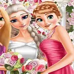 Ba nhân vật hoạt hình nữ mặc váy dạ hội màu sắc khác nhau, cầm hoa và đứng trước nền hoa hồng