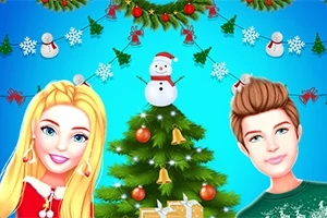 Hai nhân vật với cây thông Noel ở giữa, trang trí bởi người tuyết và đồ trang trí Giáng Sinh