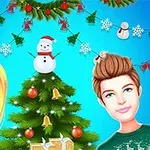 Hai nhân vật với cây thông Noel ở giữa, trang trí bởi người tuyết và đồ trang trí Giáng Sinh