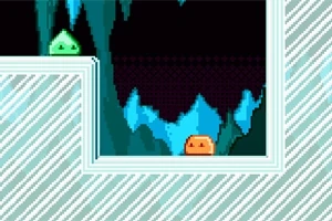 Hình ảnh pixel có hai nhân vật hoạt hình màu xanh lá và cam trong một hang động băng