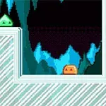 Hình ảnh pixel có hai nhân vật hoạt hình màu xanh lá và cam trong một hang động băng