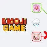 Chữ Emoji Game màu sắc với hình ảnh hoa, mũi heo, đám mây mưa, con ong, heo con, và cây dù kết hợp với các đường nối và dấu X đỏ