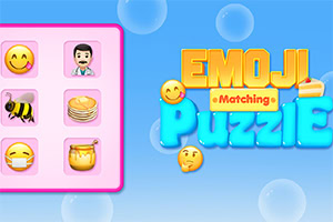 Các biểu tượng cảm xúc khác nhau trên nền xanh với tiêu đề màu vàng và xanh có chữ Emoji Puzzle