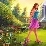 Người phụ nữ đứng trong khu vườn đầy hoa và cây xanh, phía xa là một tòa nhà nhỏ với cầu thang dẫn lên