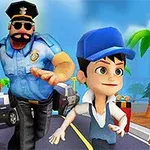 Một cảnh với hai nhân vật hoạt hình đang chạy trên đường, một người là cảnh sát mặc đồng phục và người kia đội mũ màu xanh, nền là khung cảnh thành phố với cây cọ và xe ô tô