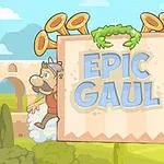 Hai nhân vật hoạt hình đứng hai bên biển hiệu có chữ EPIC GAUL với nền là cầu đá và bầu trời xanh