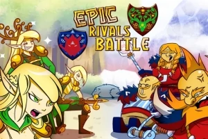 Các nhân vật hoạt hình giả tưởng đang chuẩn bị chiến đấu trong khu rừng với tên Epic Rivals Battle phía trên