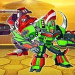 Hai robot với màu sắc sặc sỡ, một robot đỏ và một robot xanh, đứng trên nền phong cảnh màu vàng