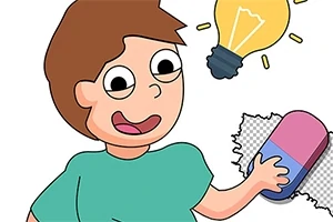 Một nhân vật hoạt hình đang xóa một phần hình bằng cục tẩy lớn, với bóng đèn thể hiện ý tưởng sáng tạo bên trên