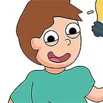 Một nhân vật hoạt hình đang xóa một phần hình bằng cục tẩy lớn, với bóng đèn thể hiện ý tưởng sáng tạo bên trên
