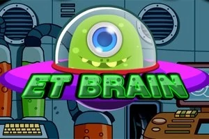 Một sinh vật ngoài hành tinh màu xanh lá cây với một mắt trong đĩa bay, bên cạnh là chữ ET BRAIN màu xanh lá cây nổi bật