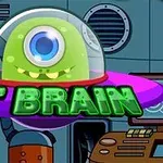 Một sinh vật ngoài hành tinh màu xanh lá cây với một mắt trong đĩa bay, bên cạnh là chữ ET BRAIN màu xanh lá cây nổi bật