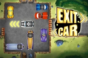 Các chiếc xe ô tô nhiều màu sắc được sắp xếp trong một bãi đỗ, với chữ EXIT CAR lớn ở bên phải