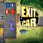 Các chiếc xe ô tô nhiều màu sắc được sắp xếp trong một bãi đỗ, với chữ EXIT CAR lớn ở bên phải