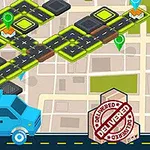 Hình ảnh một bản đồ hoạt hình với các tuyến đường có biểu tượng xe tải màu xanh, ghim vị trí và con dấu Delivered