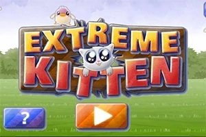 Hình ảnh có nền xanh, biểu ngữ chữ EXTREME KITTEN với chú mèo con dễ thương và chú chim nhỏ ở trên, cùng với các nút biểu tượng dấu hỏi và nút phát