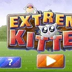 Hình ảnh có nền xanh, biểu ngữ chữ EXTREME KITTEN với chú mèo con dễ thương và chú chim nhỏ ở trên, cùng với các nút biểu tượng dấu hỏi và nút phát