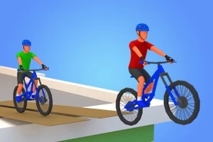 Hai người đi xe đạp trên một đoạn đường cao với bầu trời xanh phía sau