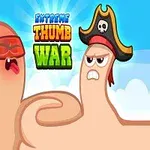 Hai ngón tay cái nhân hóa đội mũ cướp biển và băng đầu đỏ đối mặt nhau dưới bầu trời xanh