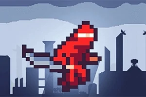 Nhân vật pixel ninja đỏ đang nhảy trên nền thành phố với các tòa nhà cao tầng