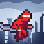 Nhân vật pixel ninja đỏ đang nhảy trên nền thành phố với các tòa nhà cao tầng