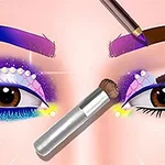 Trang điểm mắt với màu sắc rực rỡ, bao gồm mắt xanh tím, mi giả, và phụ kiện trang trí sáng lấp lánh