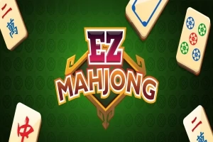Nền màu xanh lá cây với tiêu đề EZ Mahjong ở giữa, bao quanh bởi các quân bài mạt chược có ký hiệu khác nhau