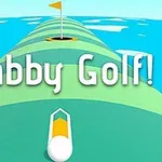 Một quả bóng golf trên con đường uốn lượn với lá cờ vàng ở phía xa, cùng dòng chữ Fabby Golf!