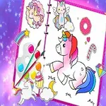 Một trang sách tô màu với hình ảnh kỳ lân và các biểu tượng dễ thương như cầu vồng, kẹo mút, và kim cương trên nền tím lấp lánh
