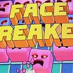 Chữ FACE BREAKER màu vàng nổi bật trên nền hình các khối mặt màu hồng và xanh với các biểu cảm khác nhau