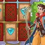 Một nhân vật cầm gậy đứng trước một bảng gồm các lá bài úp và gắn biểu tượng kim cương