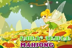 Một nàng tiên nhỏ với đôi cánh trong suốt đang đứng trên cánh đồng hoa rực rỡ dưới bầu trời xanh, với tiêu đề Fairy Triple Mahjong phía dưới