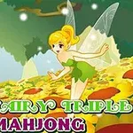 Một nàng tiên nhỏ với đôi cánh trong suốt đang đứng trên cánh đồng hoa rực rỡ dưới bầu trời xanh, với tiêu đề Fairy Triple Mahjong phía dưới
