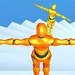 Hai hình nhân màu cam với cánh tay dang rộng đứng trên cầu thang trắng, một hình nhân ở phía trên nhìn xuống hình nhân phía dưới