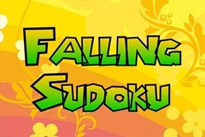 Chữ Falling Sudoku màu xanh lá cây nổi bật trên nền màu vàng cam với hoa văn và họa tiết trang trí