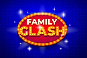Hình ảnh có nền xanh với dòng chữ FAMILY CLASH màu vàng trong khung bầu dục đỏ viền đèn sáng
