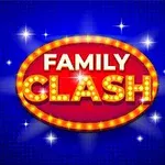 Hình ảnh có nền xanh với dòng chữ FAMILY CLASH màu vàng trong khung bầu dục đỏ viền đèn sáng