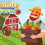 Người nông dân râu cười cầm rổ rau củ, đứng trước nhà kho đỏ trên cánh đồng xanh với gà tây và cây trồng xung quanh