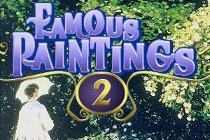Người phụ nữ cầm ô đứng trước nền hoa lá xanh tươi với chữ Famous Paintings 2 màu tím