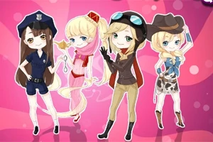 Bốn nhân vật chibi nữ mặc trang phục đa dạng gồm cảnh sát, công chúa, phi công, và cao bồi trên nền hồng