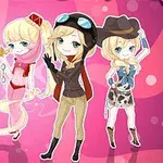 Bốn nhân vật chibi nữ mặc trang phục đa dạng gồm cảnh sát, công chúa, phi công, và cao bồi trên nền hồng