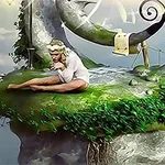 Một người phụ nữ mặc áo trắng ngồi suy tư trên một mỏm đá phủ đầy cây xanh, với cảnh quan đẹp như tranh vẽ xung quanh