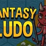 Hình ảnh có chữ Fantasy Ludo nổi bật với nhân vật chiến binh và quỷ nhỏ hai bên