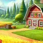 Cánh đồng lúa vàng rực với một ngôi nhà kho màu đỏ và cây cối xanh tươi xung quanh