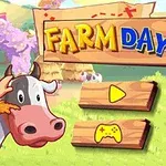 Người nông dân đội mũ rộng vành đang ôm đầu một con bò trước biển hiệu gỗ viết FARM DAY, nút bấm phát và biểu tượng trò chơi nằm bên dưới trên nền cảnh đồng quê