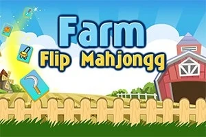 Nền nông trại với hàng rào, nhà kho đỏ và trời xanh có chữ Farm Flip Mahjongg