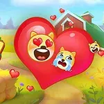 Hình ảnh có nền trang trại, biểu tượng trái tim lớn với hai nhân vật mặt mèo có biểu cảm dễ thương, cùng dòng chữ FARM FUN bên trái