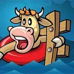 Một con bò hoạt hình nổi trên nước, đeo phao đỏ và bám vào một tấm gỗ