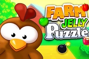 Gà hoạt hình với mắt to và mỏ vàng đứng trước logo Farm Jelly Puzzle đầy màu sắc, trái táo và biểu tượng bom